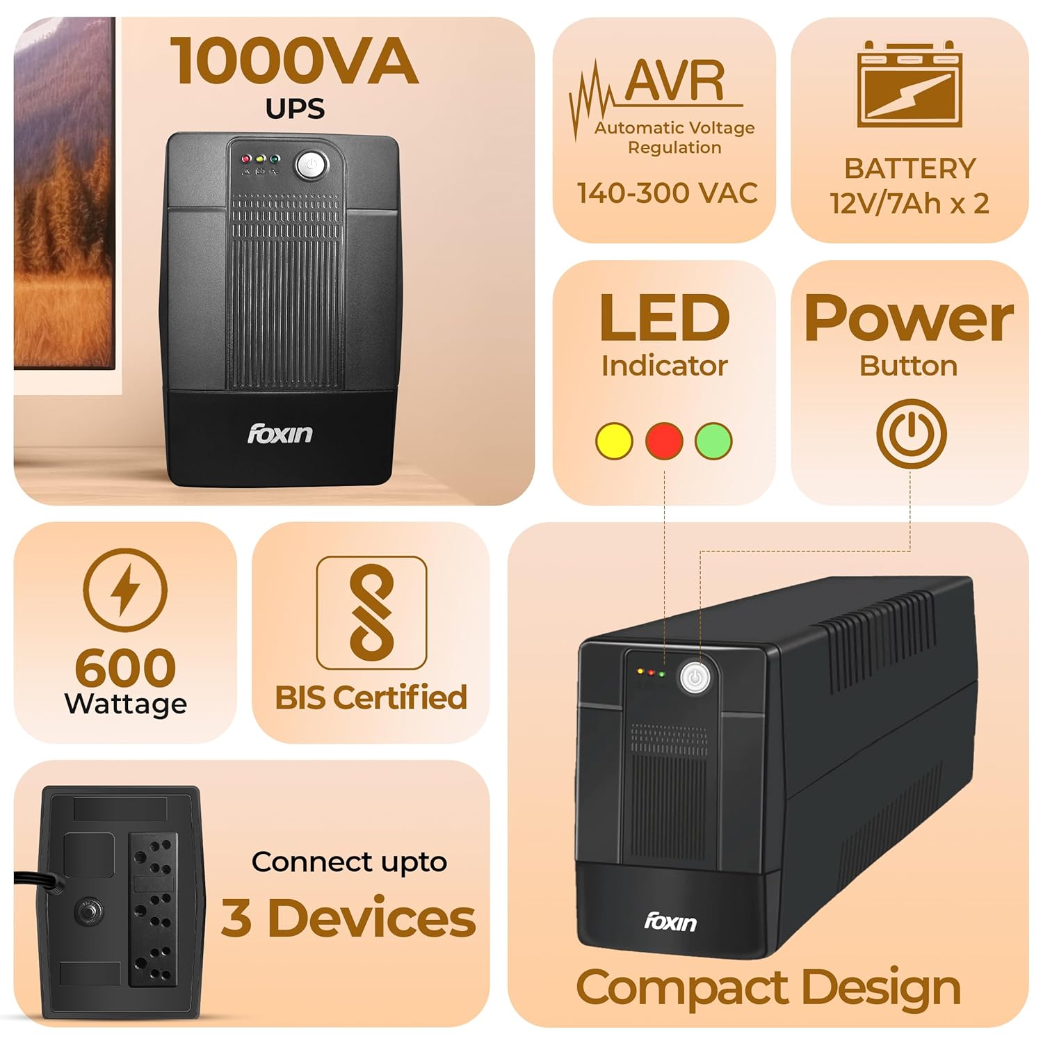 Foxin FPS 755 FPS-755 Ideal UPS for PC | Laptops | Gaming | LED Indicator, Battery Protection. 240 V Offline/Standby Tower Model UPS with Overload Protection 3 Outlet Plugs